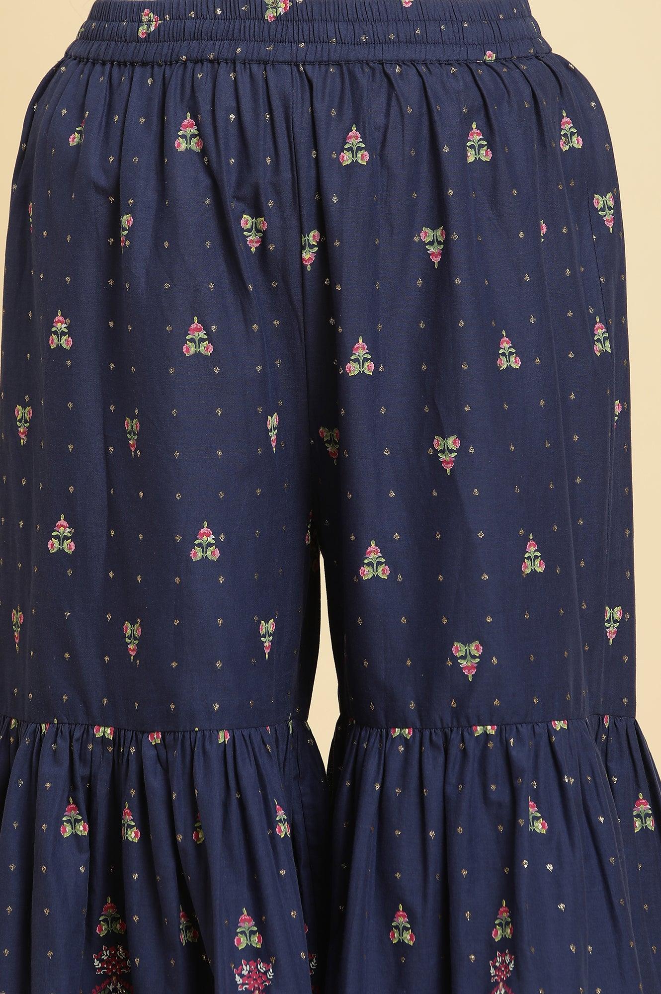 Blue Floral Printed Kurta, Sharara And Dupatta Set - Image 9