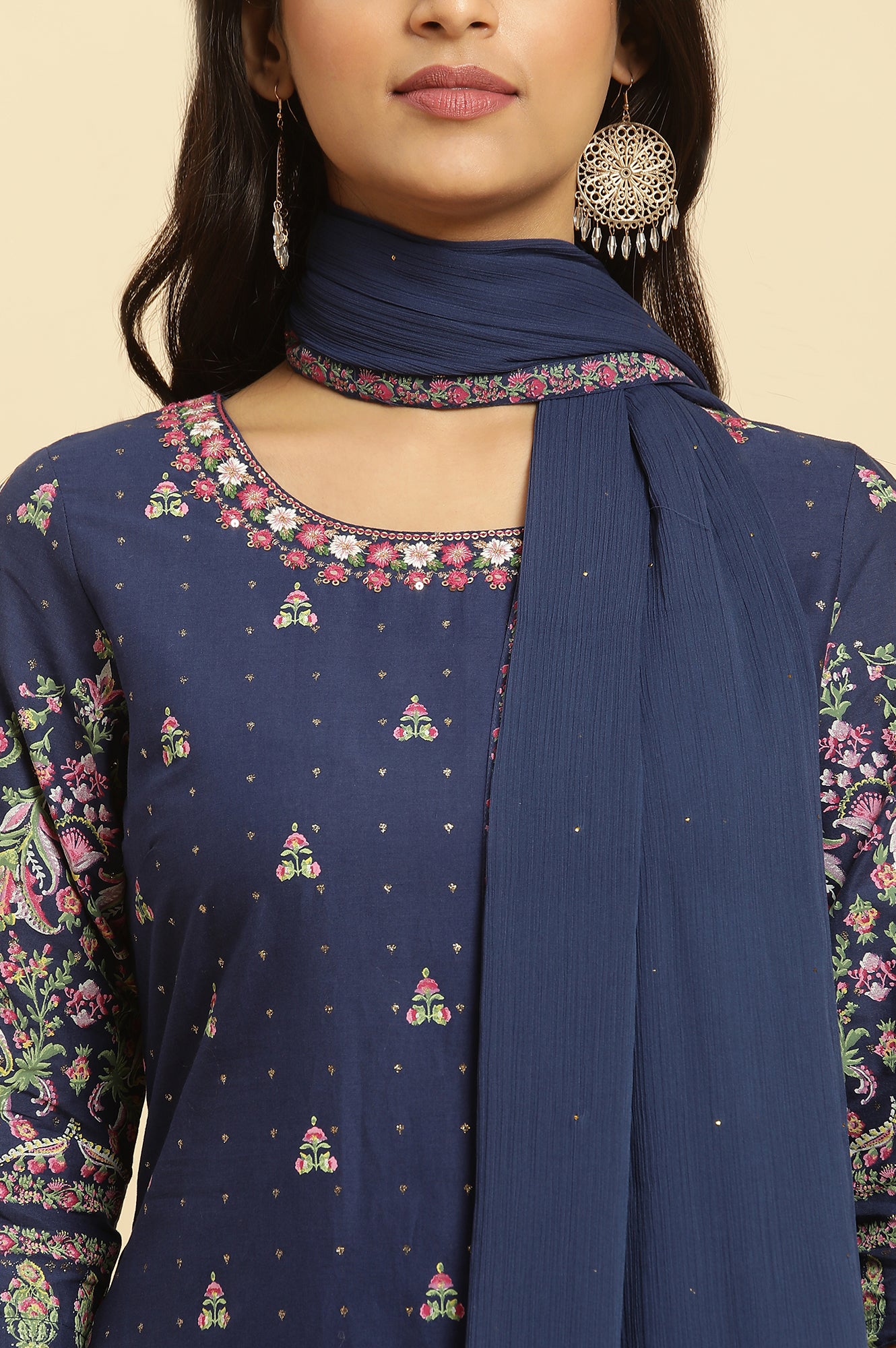 Blue Floral Printed Kurta, Sharara And Dupatta Set - Image 2