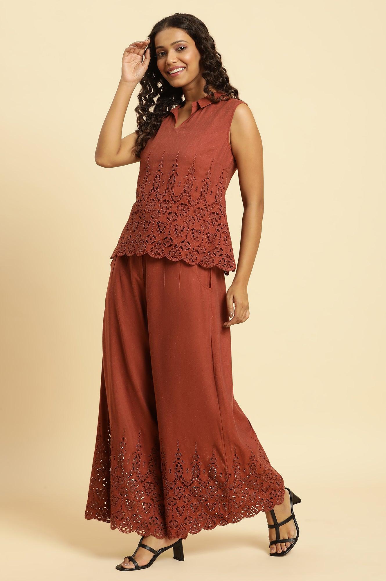 Dark Red Cotton Schiffli Top And Pants Co-Ord Set - Image 6