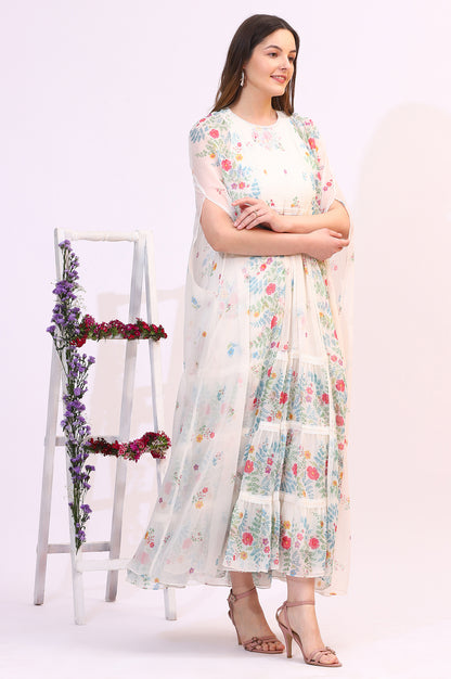 White Floral Printed Chiffon Tiered Flared Dress with Printed Cape - Image 4