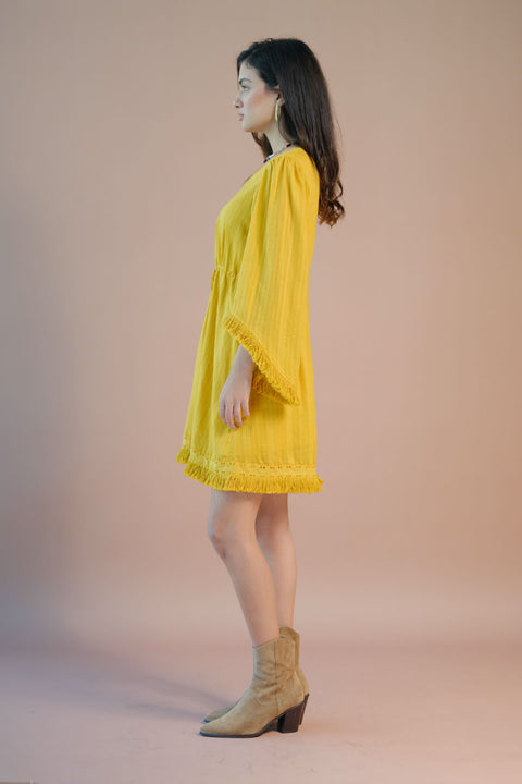 Oshin 100% Cotton Tie-Up Waist Bell Sleeve Dress - Image 3