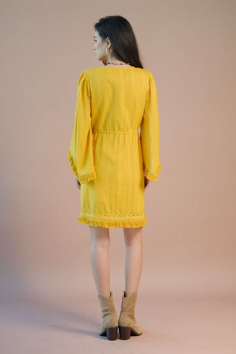 Oshin 100% Cotton Tie-Up Waist Bell Sleeve Dress - Image 4